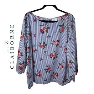 0963. LIZ CLAIBORNE BLOUSE STRIPES/FLORAL PRINT‎ SCOLLOPED SLEEVES SIZE XXL